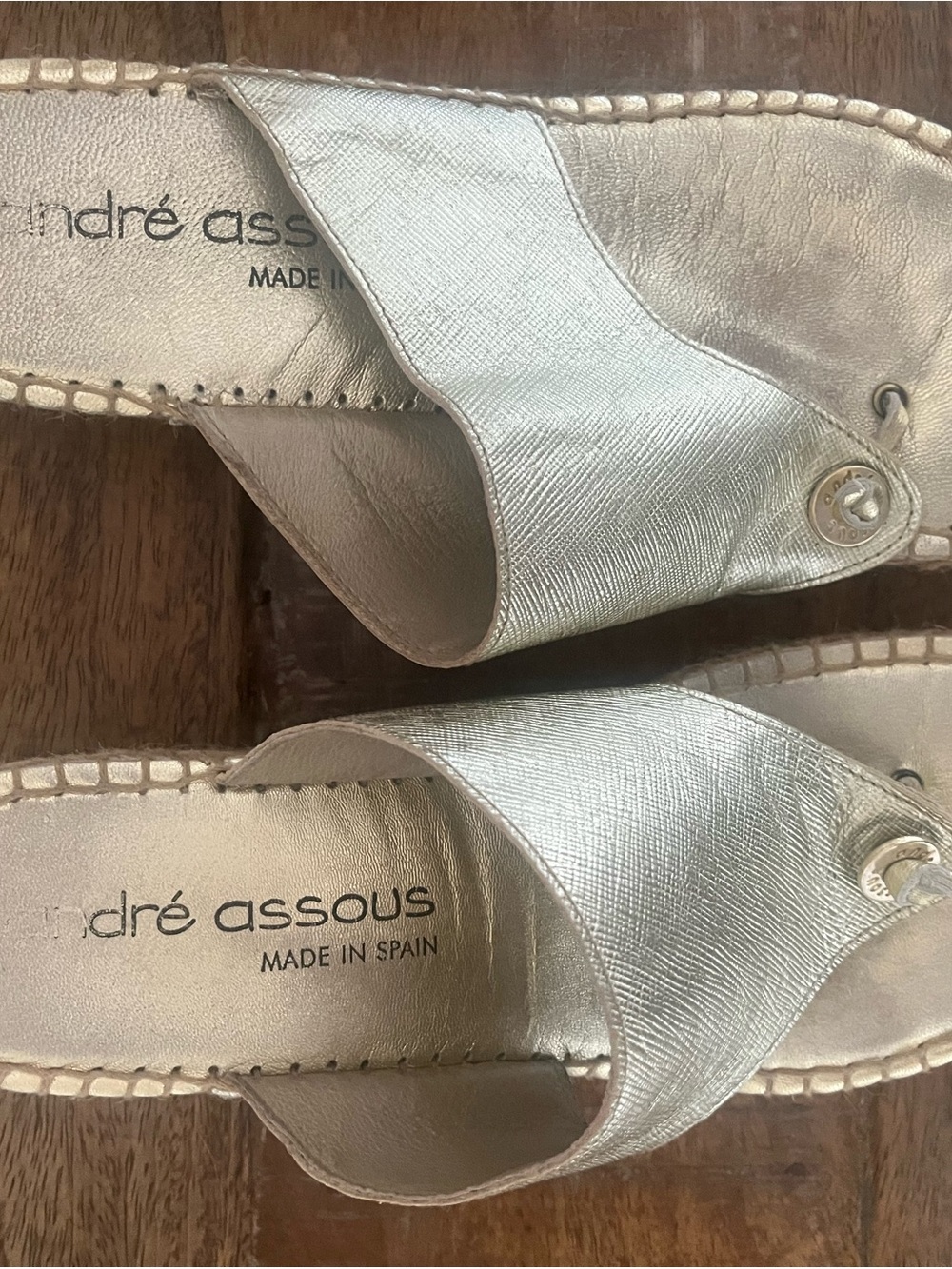 Andre Assous Metallic Gold Slide Sandals with Logo Accent